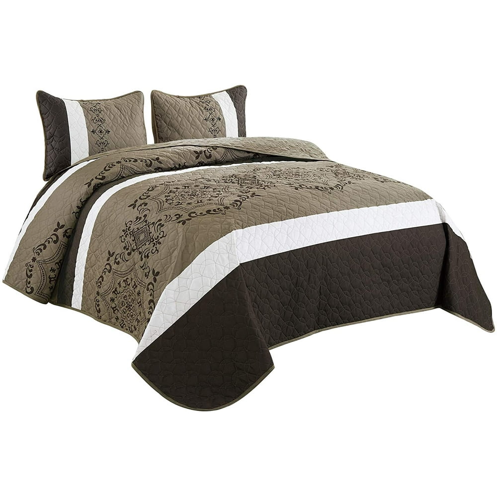 WPM Victoria Medallion Print King Size Quilt Set with Pillow Sham Brown ...