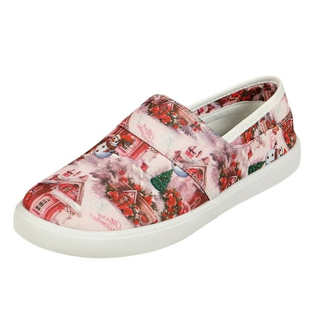 

VMESZQFG Women s Loafers Leisure Women s Four Seasons Christmas Cartoon Prints Non Slip Flat Round Toe Breathable Slip On Lazy Canvas Shoes Red