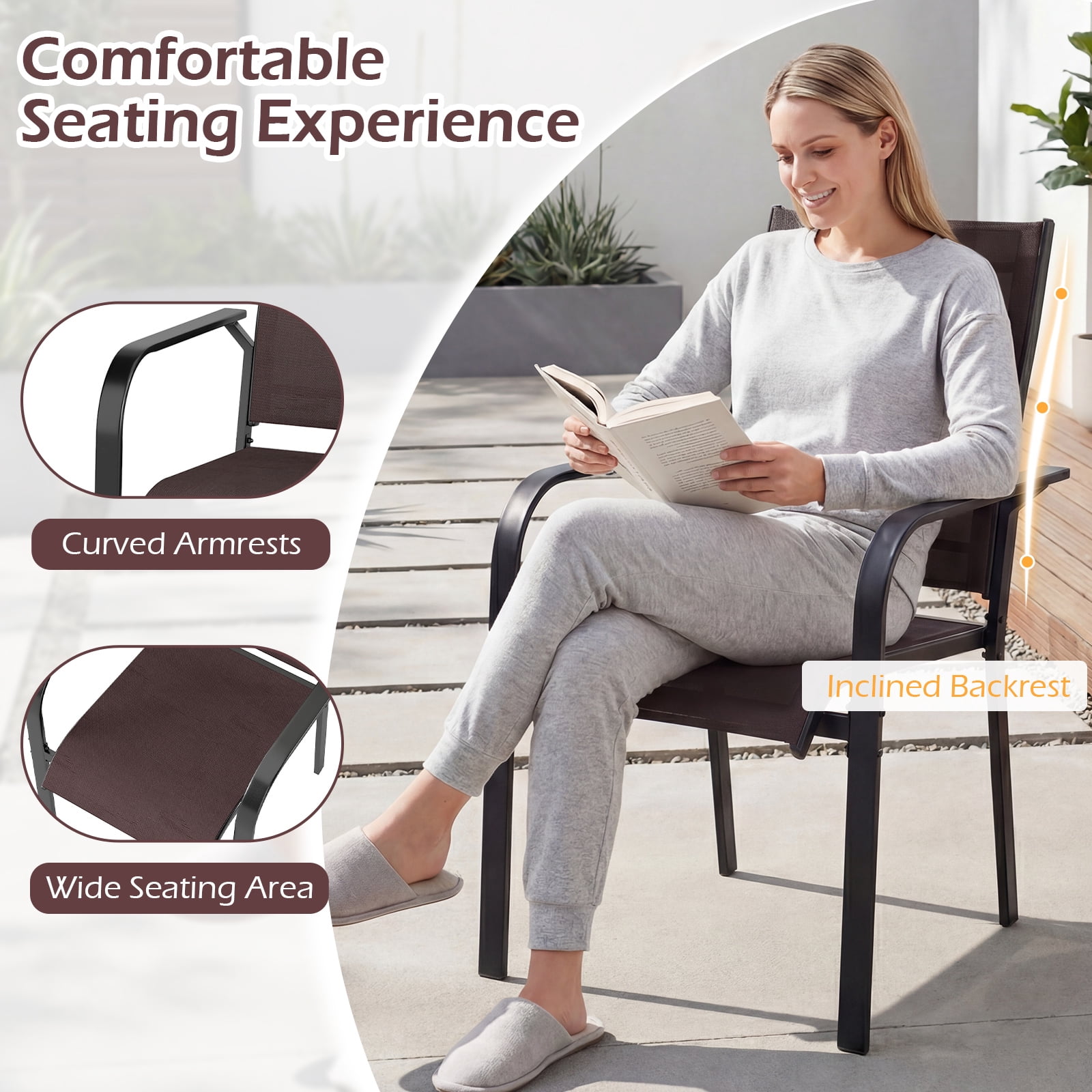 Gymax Patio Dining Chairs Set of 2 Stackable Outdoor Armchairs w/Metal FrameBackrest