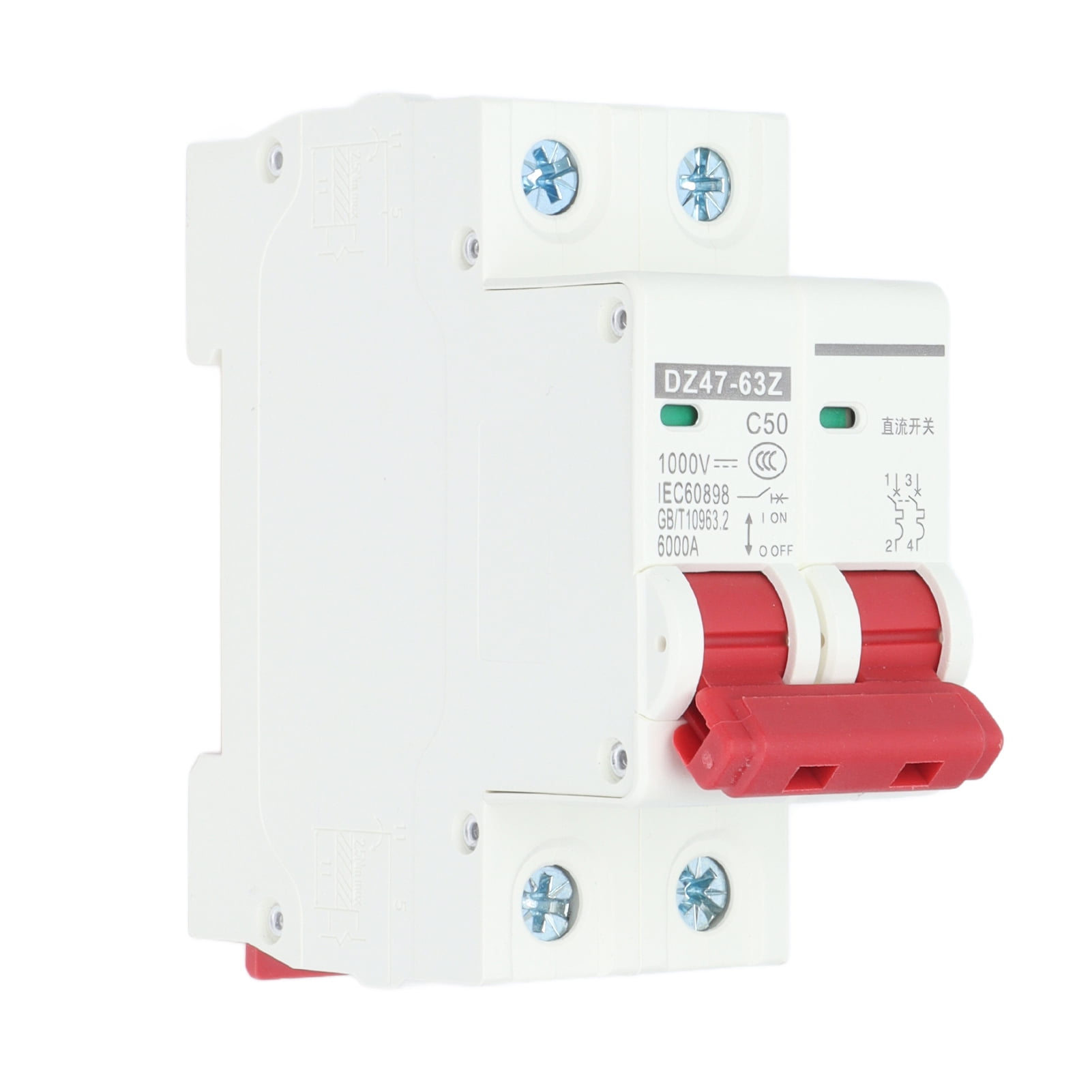 Miniature DC Circuit Breaker 50A 1000V 2 Pole Disconnect Switch for Solar Battery Panel PV System, Thermal Magnetic Trip, DIN Rail Mount