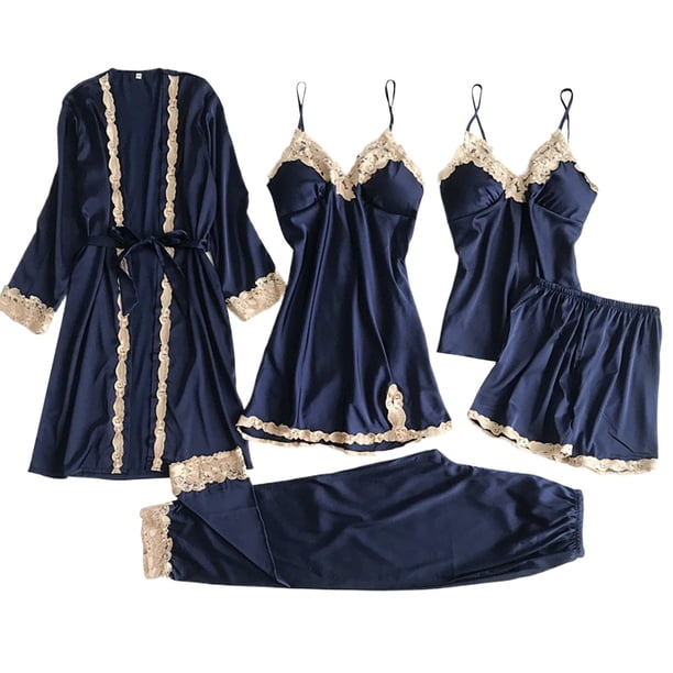 Gibobby Pijamas mujer invierno Conjunto de encaje suelto y cómodo para dormir con tirantes de seda para mujer, camisón para el(Marina,G)
