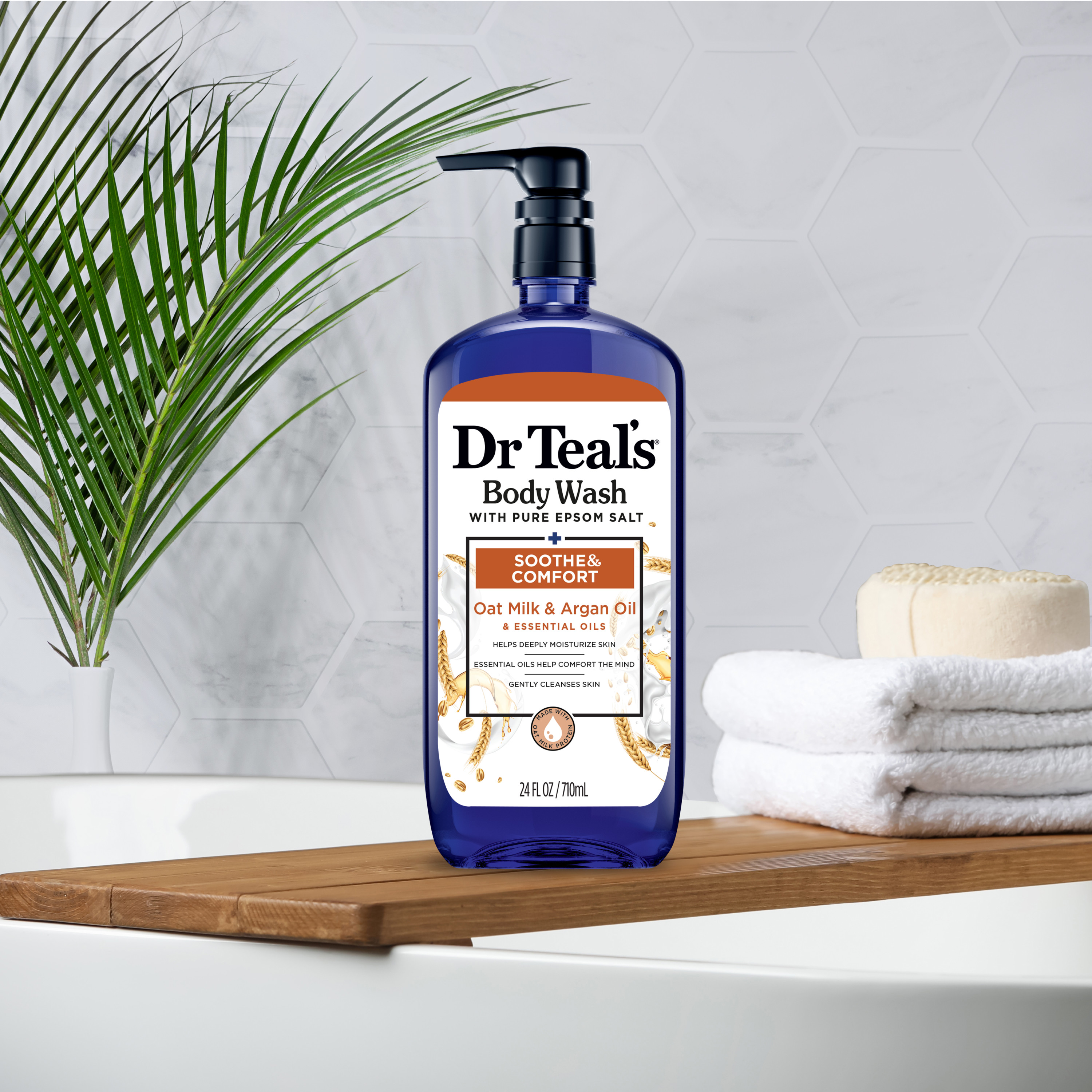 Dr Teal's Body Wash with Pure Epsom Salt, Soothe & Comfort with Oat Milk & Argan Oil, 24 fl oz.