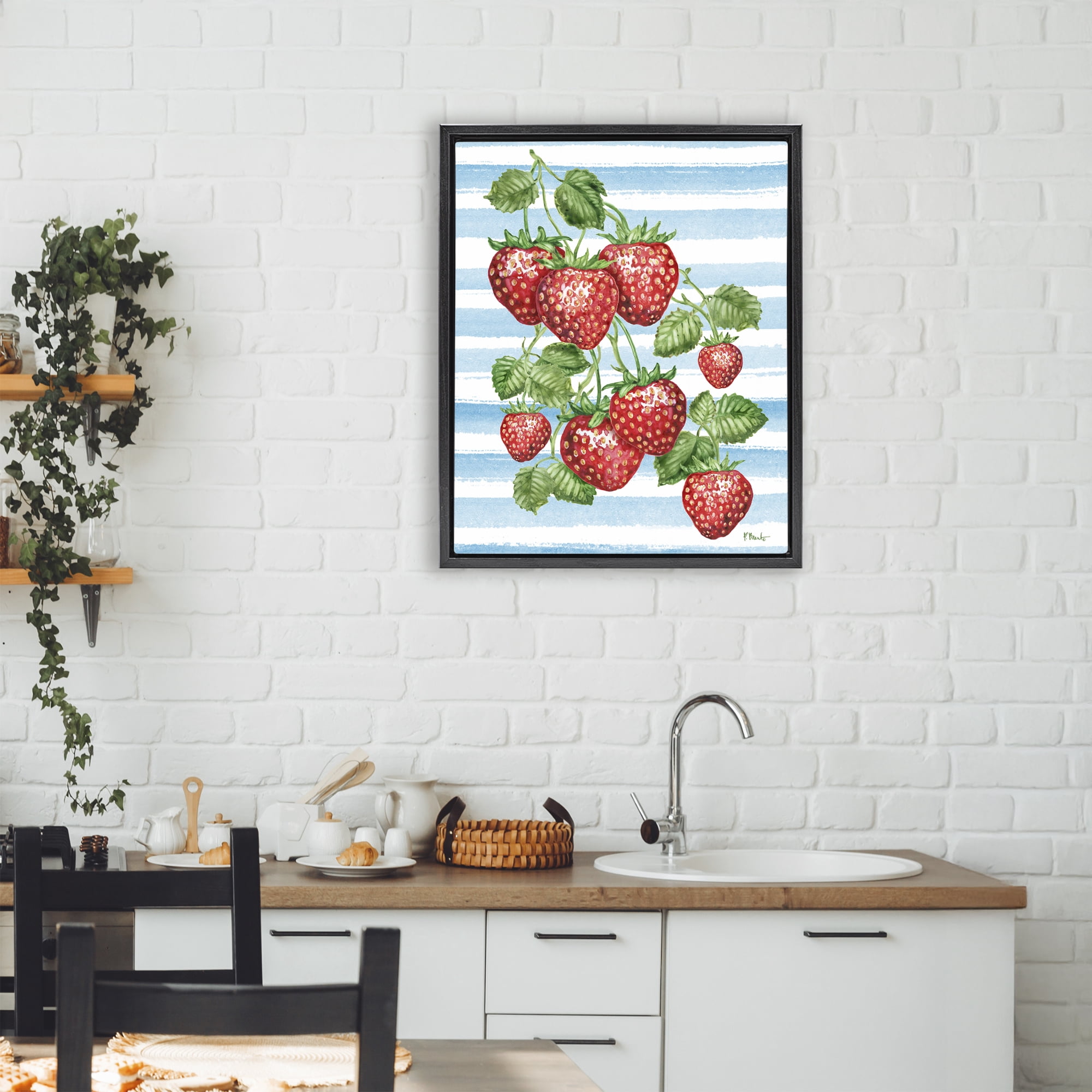 Stupell Industries Juicy Strawberry Vine on Stripes Black Framed Floater Canvas Wall Art, design by Paul Brent