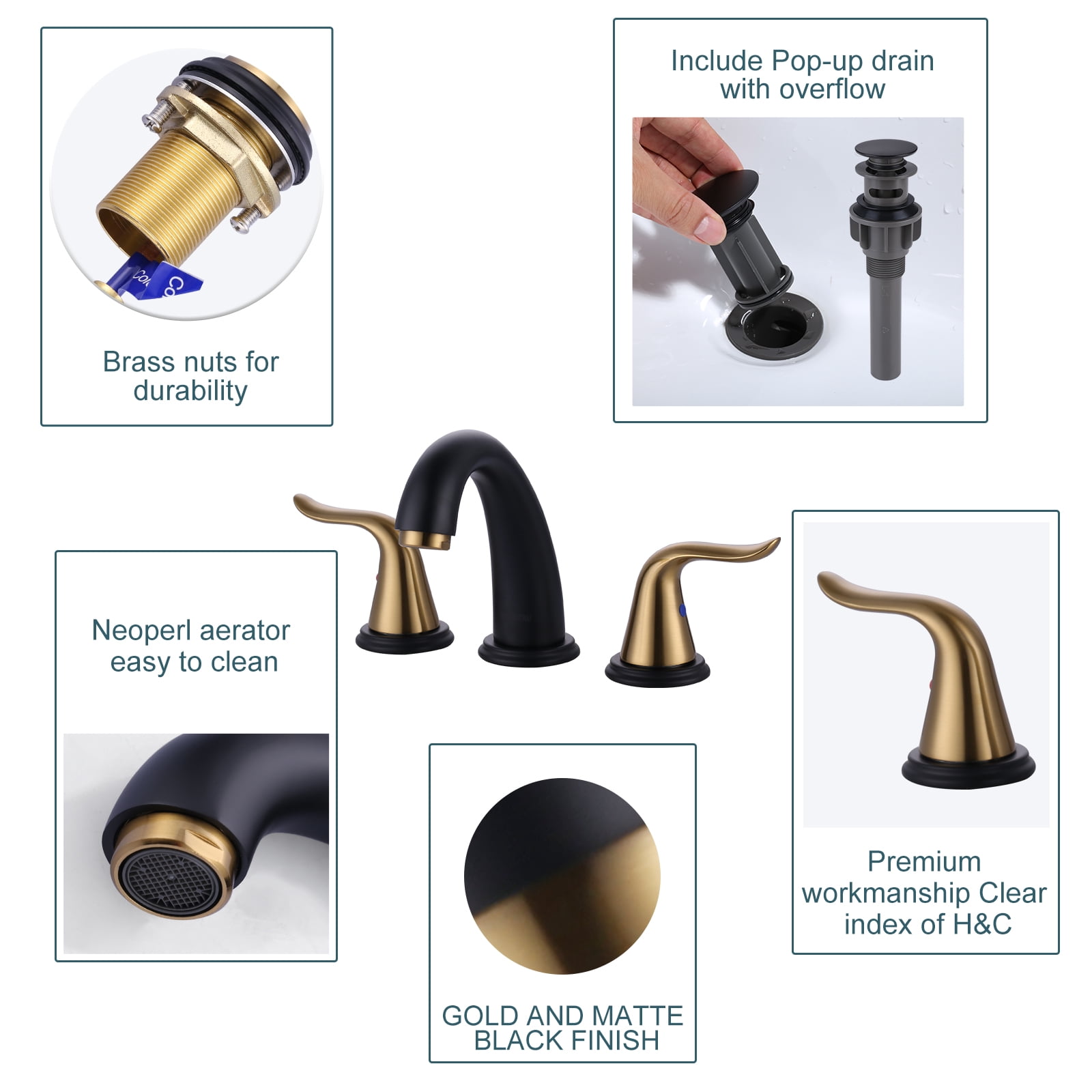 Wowow 8 in. Widespread Double Handle Bathroom Faucet in Black and Gold