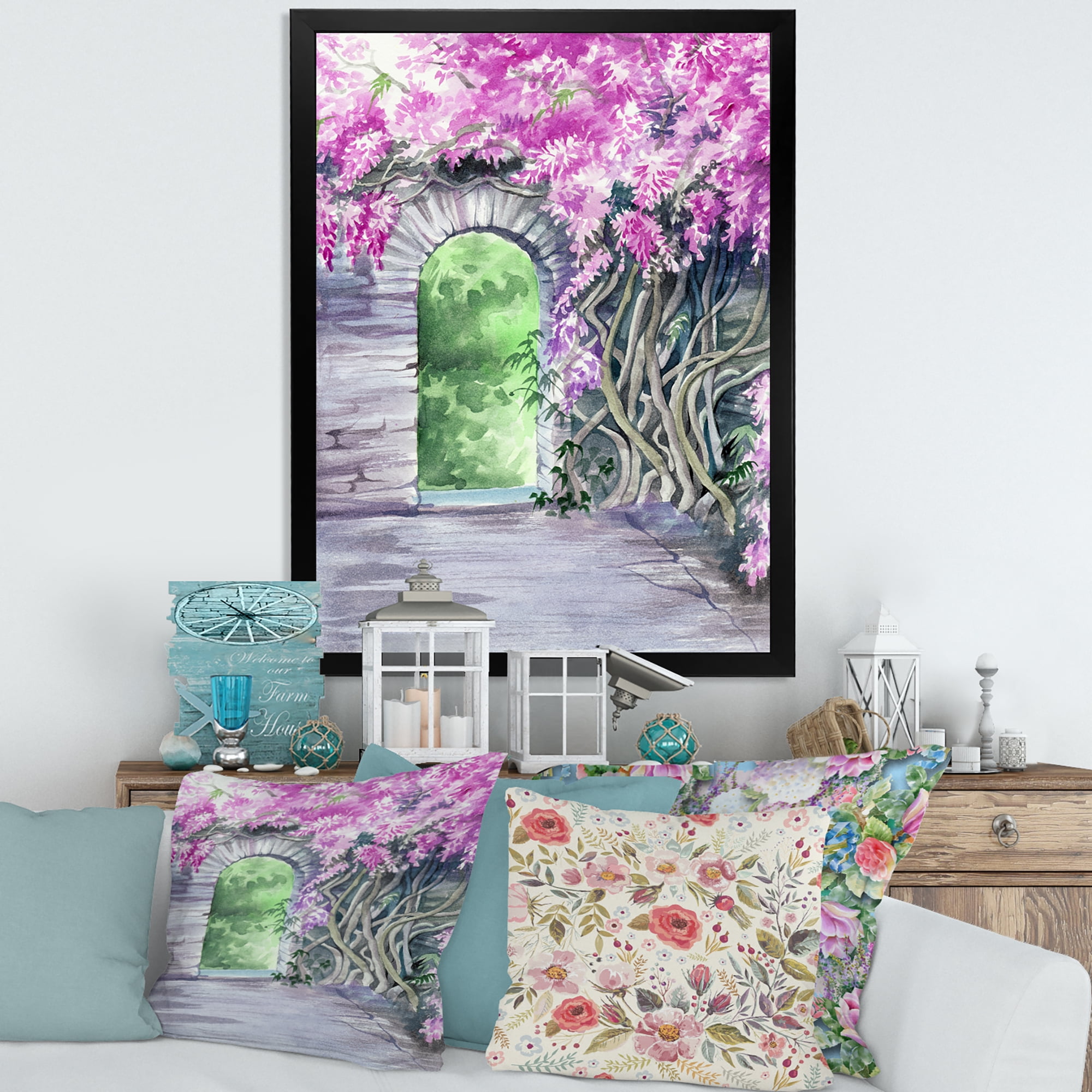 Designart 'Blossoming Purple Wisteria Garden Over The Wall' Traditional Framed Art Print