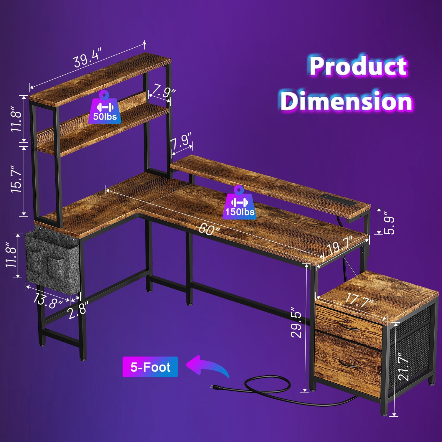 FYRENA 71" L Shaped Desk with 2 Drawers & shelves,Corner Desk with LED Lights & Power Outlets,Gaming Desk,Home Office Desk,Rustic Brown