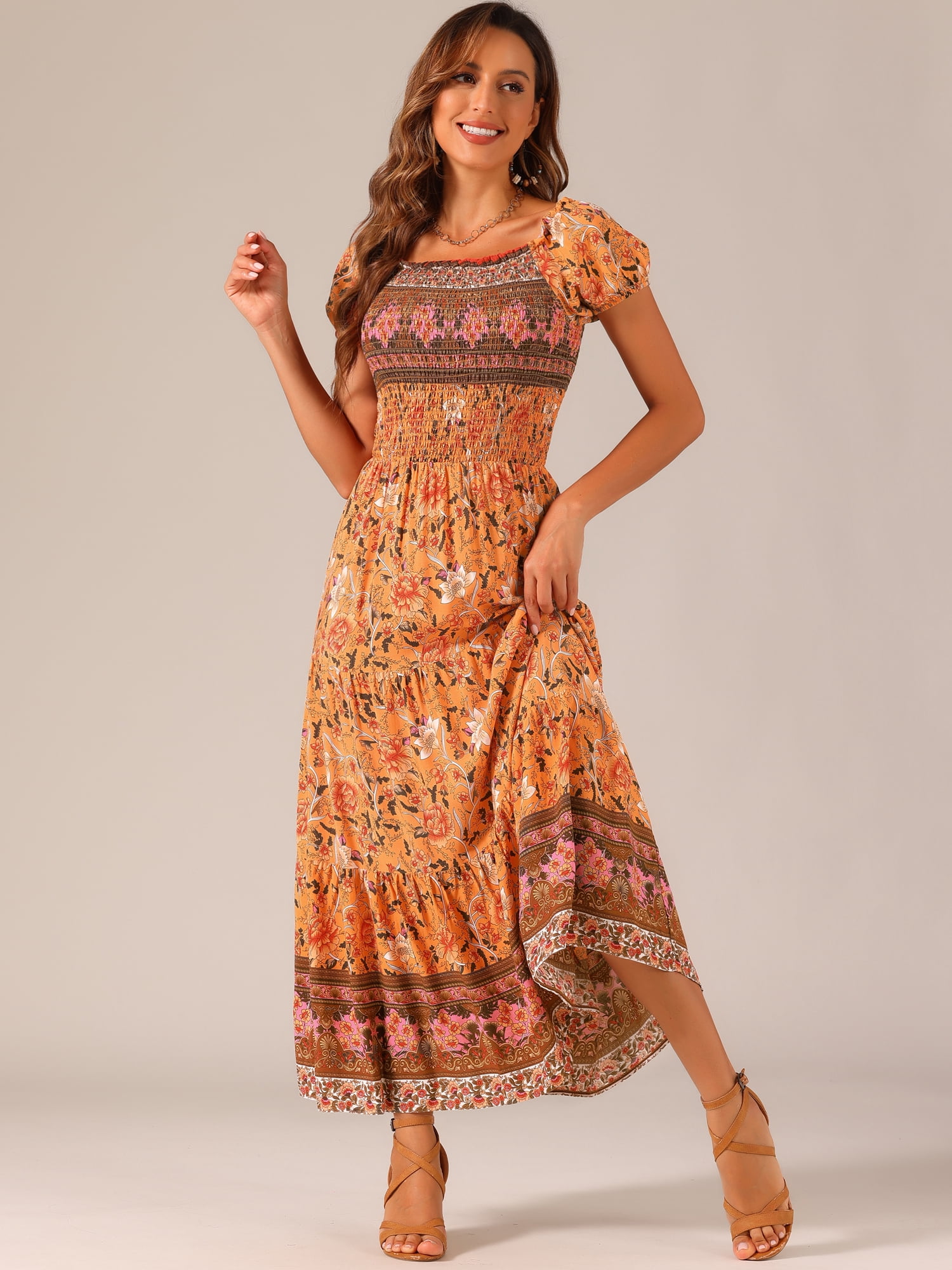 DARING DIVA Women's Boho Floral Square Neck Smocked Back Midi Dresses XS Orange