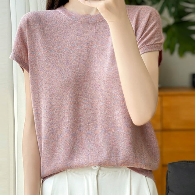 mfyjkho Tops De Tallas Grandes, Blusas Y Camisas De Cuello Redondo De Manga Corta De Punto De Color Liso Para Mujer Tops Y Blusas Para Mujer L