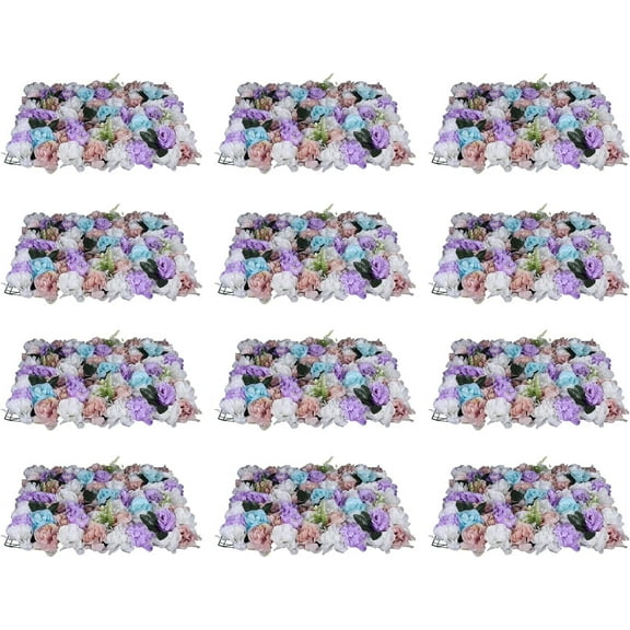 12pcs Wedding Artificial Flower Wall Panels 24" x 16" Purple & White Faux Roses Artificial Flower Backdrop Panels for Wedding Party Event Flower Wall Decor