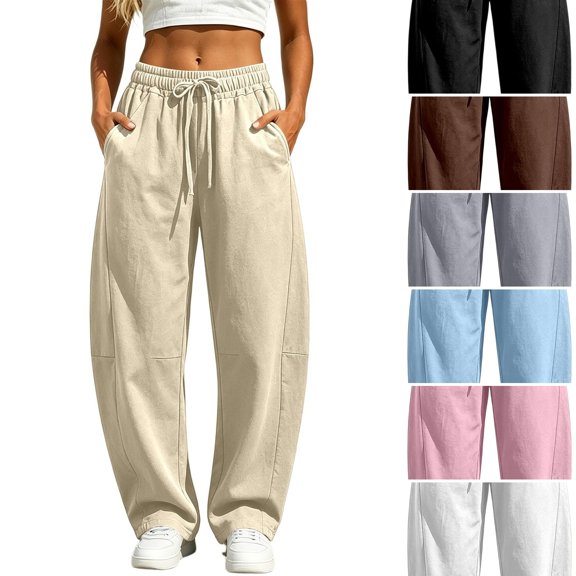 Evdexr Sweatpants Women Barrel Baggy Wide Leg Trousers Solid Drawstring Elastic Waist Stretch Pants Comfy 2026 Soft Joggers with Pockets Beige M