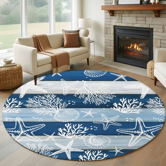 Round Rugs 7Ft, Navy Blue Coastal Beach Round Area Rug Washable Indoor Throw Carpet, Nautical Starfish Coral Vintage Wooden Large Non Slip Circle Rug for Dining Room Playroom Home Decor Aesthetic
