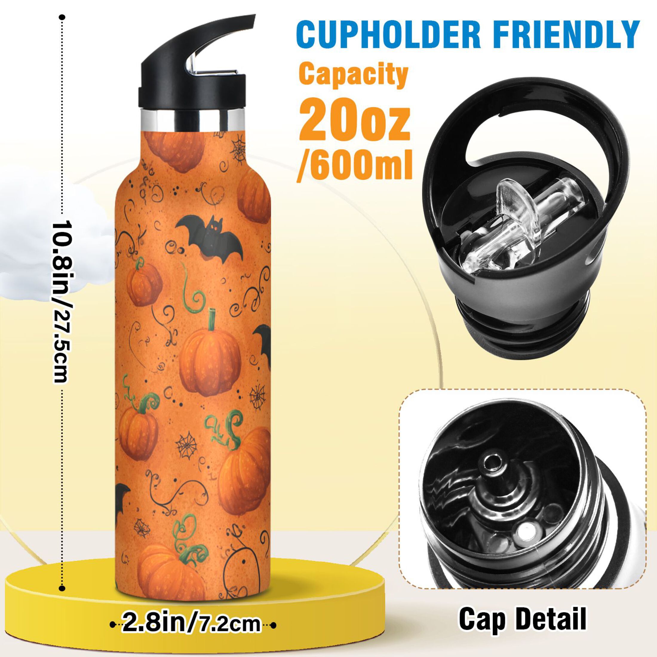 Kids Insulated Stainless Steel Sports Water Bottle 600ml (20oz) Orange Pumpkins and Bats