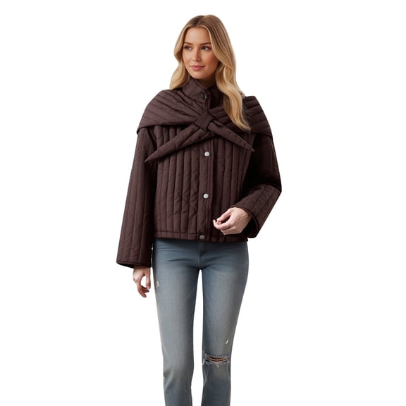 Women’s Detachable Scarf Quilted Puffer Jacket Trendy High Neck Long Sleeve Button Down Winter Padded Coats