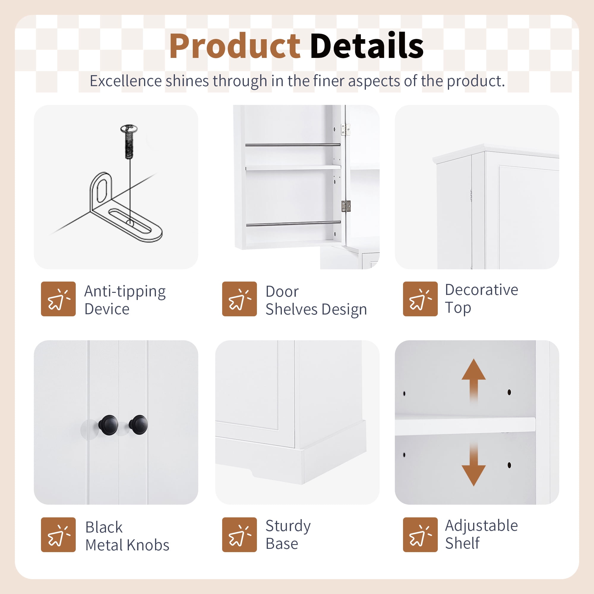 Euroco Freestanding Bathroom Storage Cabinet with Doors & Drawers, Tilt-Out Laundry Hamper, Adjustable Shelf, Multiple Storage Spaces, White
