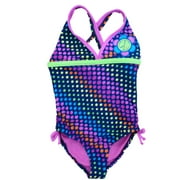 Angle View: Angel Beach Girls Blue With Neon Dots Swimming Suit Swim Bathing Suit 1 PC 5