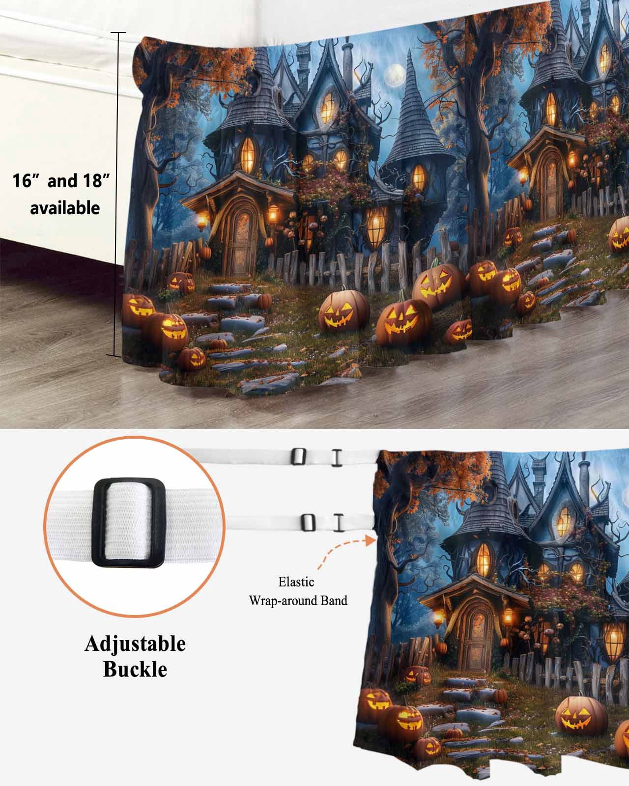 Halloween Mysterious Bed Skirt Forest Pumpkin Castle Bed Skirts King Size 16 Inch Drop, Wrap Around Dust Ruffle&nbsp;Bedskirt with Adjustable Elastic Belt for Queen Size Beds