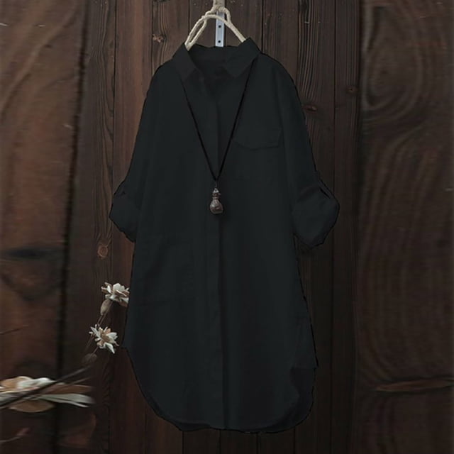 Meichang Womens Button Down Shirts Solid Long Sleeve Roll Up Collared Tops Long Tunic Blouses Oversized Casual Pockets Spring Tops