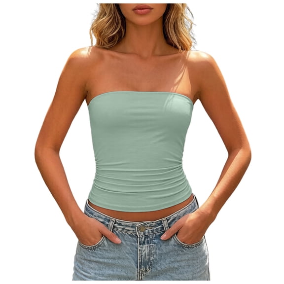 Vdoaml Women Seamless Tube Top Ladies Slim Fit Strapless Bandeau Camisole Womens Summer Casual Basic Tops M Green