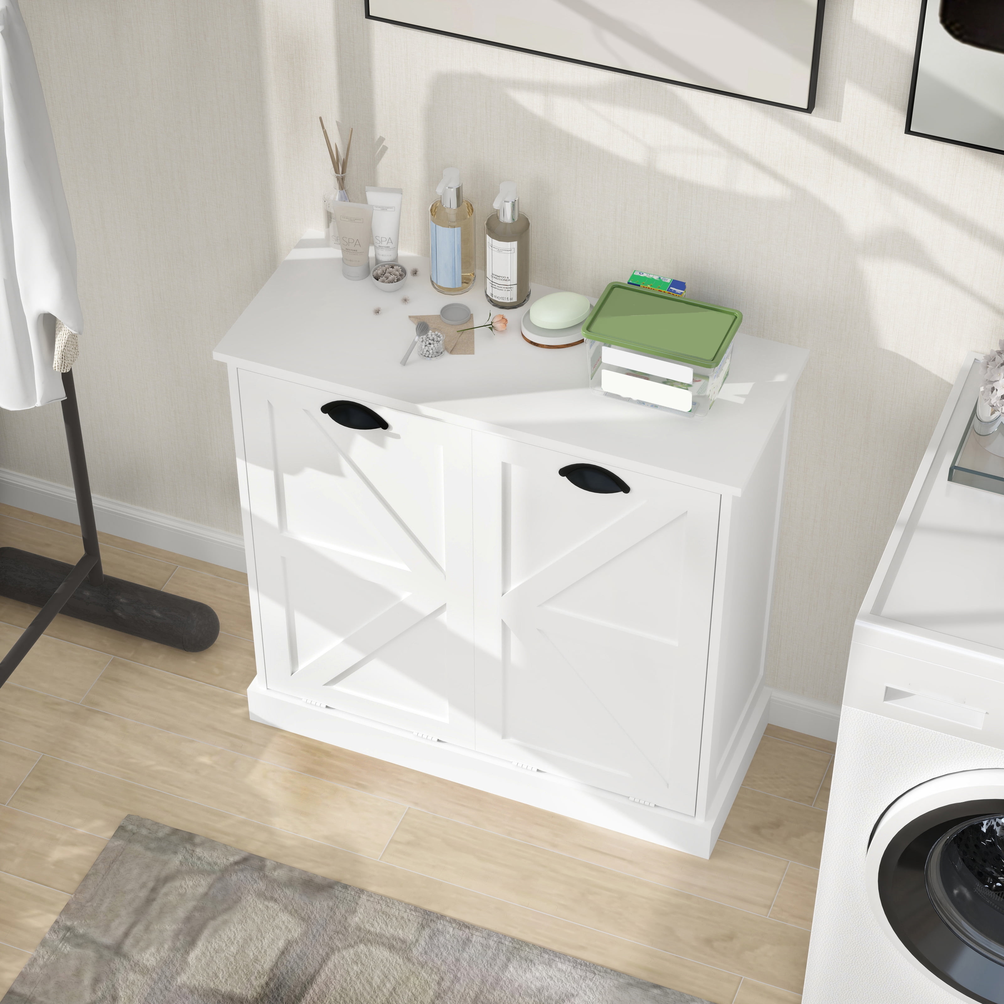Mintazer Farmhouse Laundry Sorter Cabinet, Tilt-Out Laundry Hamper Storage Cabinet with 2 Removable Fabric Bags for Laundry Room Bathroom Balcony, White