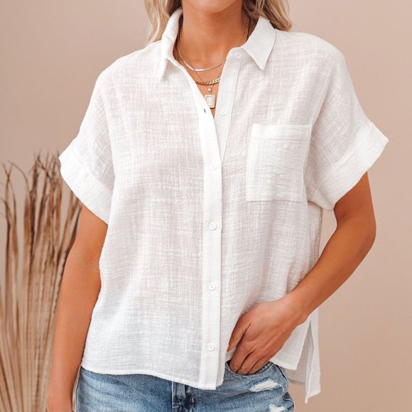 EGNMCR T Shirts for Women Ladies Solid Color Cotton And Linen Shirt Short Sleeve Lapel Button
