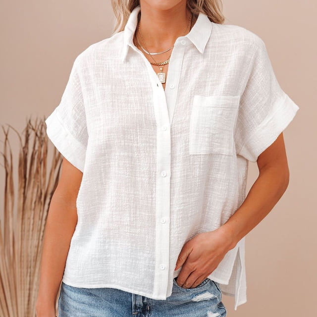 EGNMCR T Shirts for Women Ladies Solid Color Cotton And Linen Shirt Short Sleeve Lapel Button