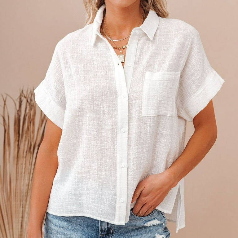 RKZSDR Linen Shirts for Women Casual Dressy Plus Size Summer Short Sleeve  Button Down Shirt Tops Trendy Plain Tees Oversized Loose Relaxed Fitted  Cotton Tshirt Blouse with Pockets White M 
