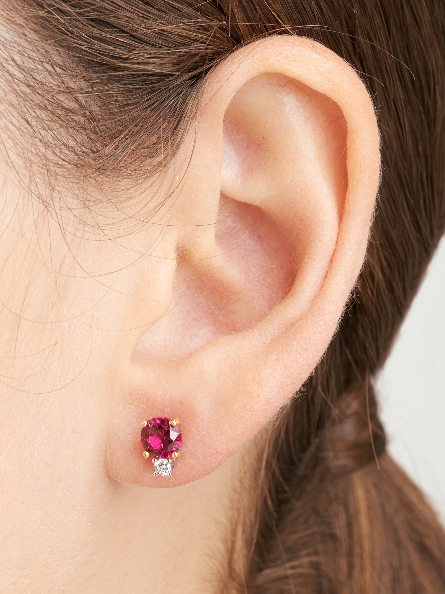 Forever Facets Jewelry Platinum Over Sterling Silver Created Ruby and 1/10th Carat Total Weight Lab Grown Diamond Two Stone Earrings (H-I Color, I1 Clarity)