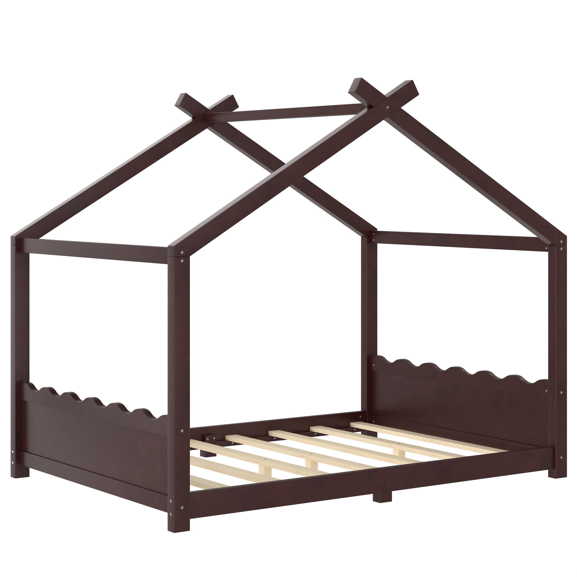 Leumius Full Size House Shape Bed,Montessori House Bed Solid Wood Floor Bed for Kids,No Box Spring Needed,Espresso