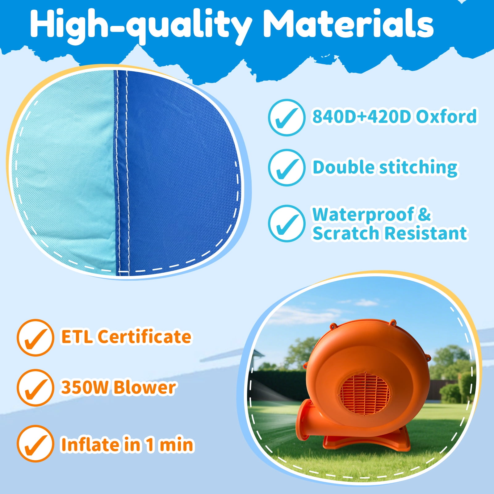 Mukidy 145''x 75'' x 73'' Inflatable Bounce Houses for Kids 3-8 with Blower Ball Pit and Large Pool Outdoor/Indoor Bouncy House, PVC, Child, Teen, Toddler，Blue