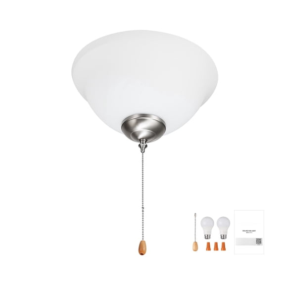 KFFKFF Ceiling Fan Light Kit, 750lm 3000K Bowl-Shaped Fixture with Pull Chain, Includes 2 LED Bulbs, Ideal for Living Room, Dining Room,Bedroom,Indoor Use,White Glass Shade with Brushed Nickel Finish