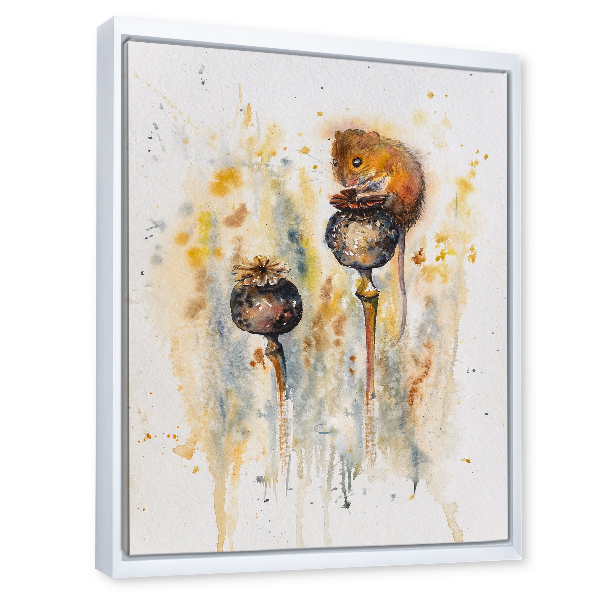 Designart 'Little Mouse Sitting On Poppies' Traditional Framed Canvas Wall Art Print