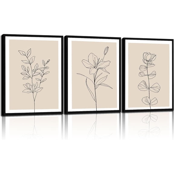 3Pcs Framed Canvas Wall Art Paintings Modern Botanical Prints Abstract Floral Posters Black and White Gallery Wrap Artwork for Living Room Bedroom Bathroom Office 12x16 Inch
