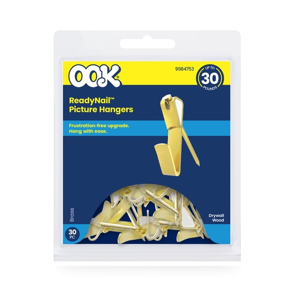 Ook Professional Picture Hangers, 30 lbs, Steel, for Drywall Wood, Brass, Gold, 30 pack