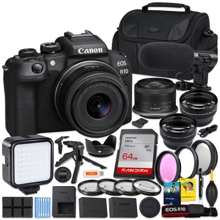 Canon EOS R10 Mirrorless Camera + RF-S 18-45mm IS STM Lens | Compact Everyday Kit, SanDisk Ultra 64GB Card, Camera Case, Extra Battery, Gripster Tripod, Video Mic (International Model)