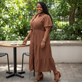 thumbnail image 3 of Linen Plus Size Brown Button Down Maxi Dress, 3 of 5