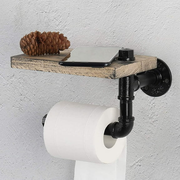 Tubular Toilet Paper Holder-Industrial Paper Towel Holder With Wooden Top Shelf, Wall-mounted
