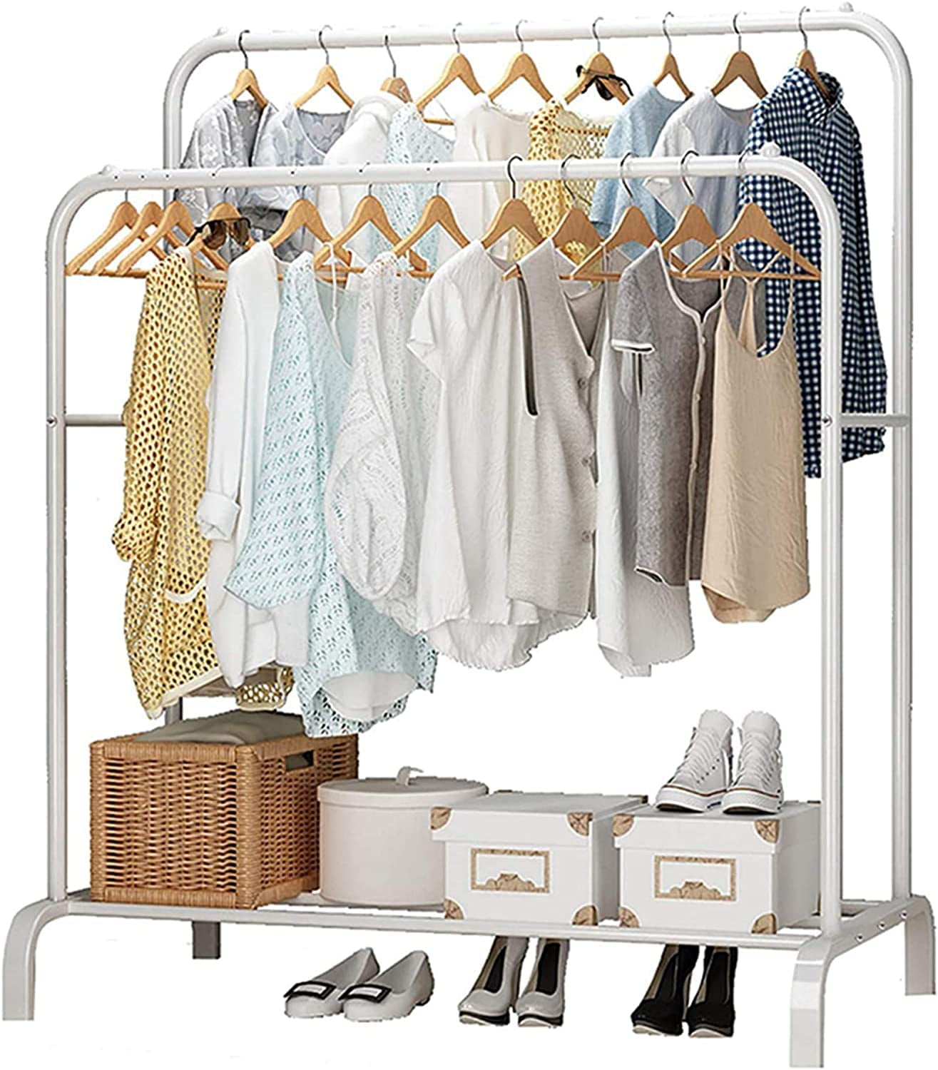 Clothes Rack Heavy Duty, Double Pole Multifunctional Bedroom Clothing Rack