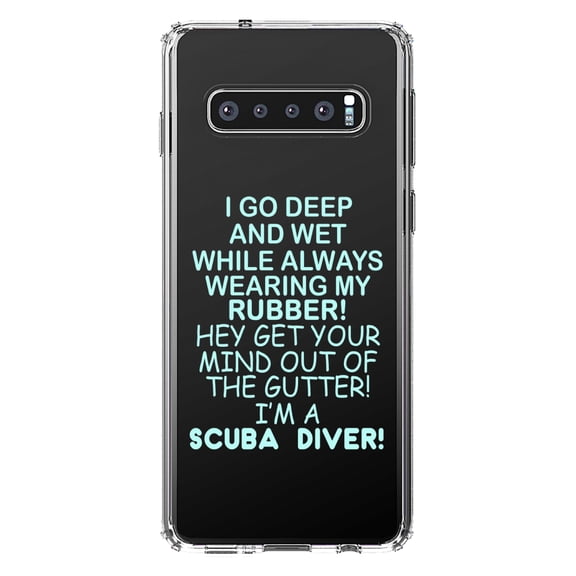 DistinctInk Clear Shockproof Hybrid Case for Samsung Galaxy S10+ PLUS (6.4" Screen) - TPU Bumper Acrylic Back Tempered Glass Screen Protector - I Go Deep & Wet Wearing My Rubber Scuba Diving