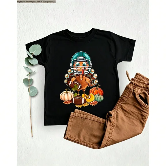 Childrens Wear Football Turkey Graphic Tee For Kids Funny Cute Thanksgiving Gift Unisex Short Sleeve Cotton Tee