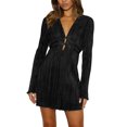thumbnail image 4 of ZAXARRA Women's Spring Summer Short Dress Solid Color Long Sleeve V Neck Tie Up Party Dress, 4 of 9