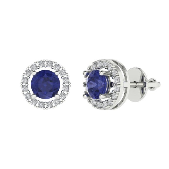 Clara Pucci 1.3 ct Brilliant Round Cut Halo Studs VVS1 Genuine Conflict free Blue Tanzanite Solid 18K White Gold Designer Everyday Earrings Screw back