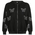 thumbnail image 2 of Negro L 2021 otoño mujer mariposa caliente diamante costura contraste Color con capucha cremallera sudadera chaqueta Casual, 2 of 8