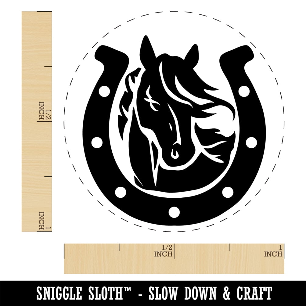 Horse in Horseshoe Self-Inking Rubber Stamp Ink Stamper - Black Ink - Medium 1 Inch