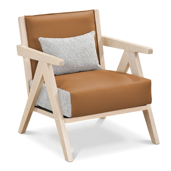Costway Mid-Century Modern Accent Chair Artificial Leather Sofa Chair with Backrest Natural