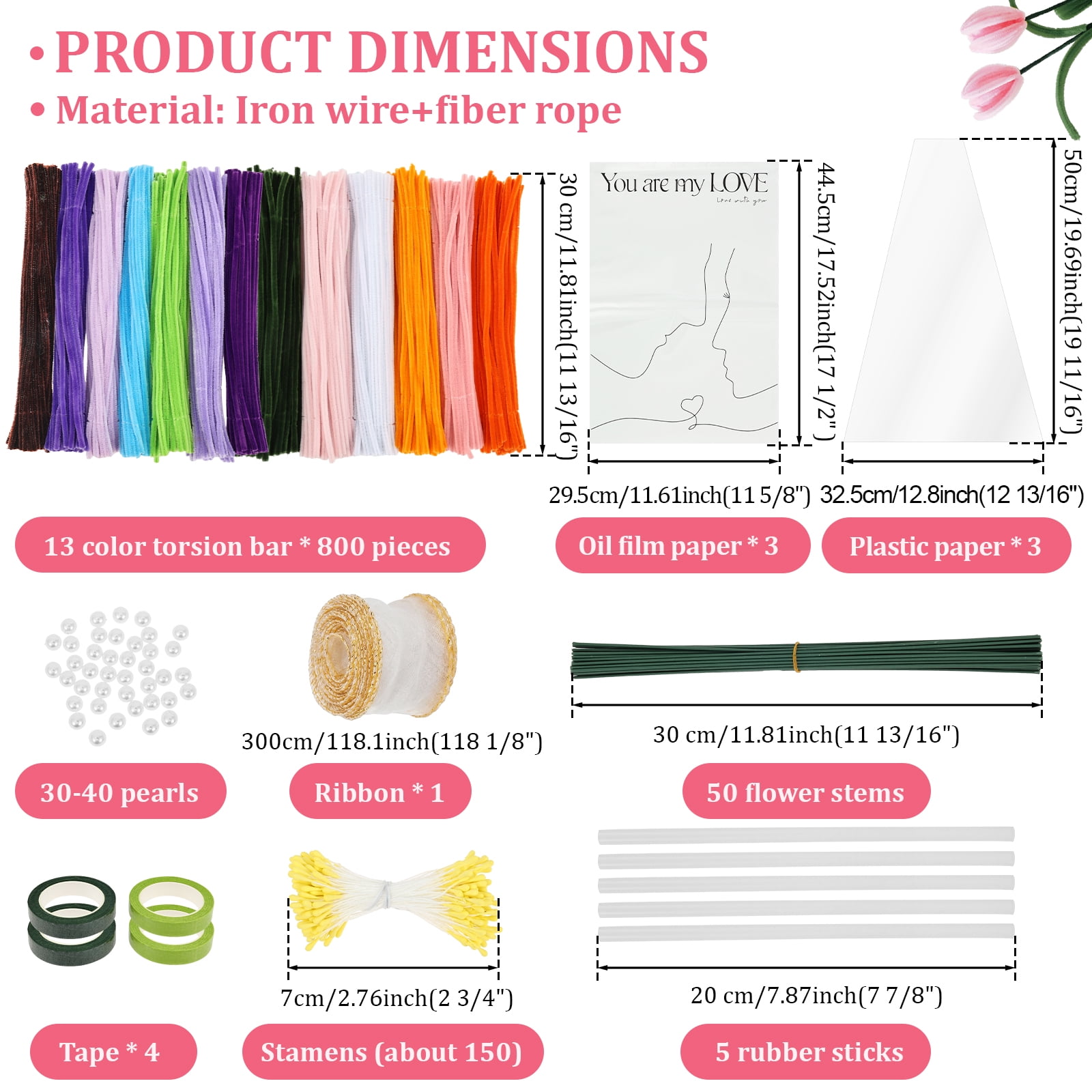 800Pcs Pipe Cleaners, 13 Color Chenille Stem with 50 Stem Glue Stick Floral Tape Stamen Bead Ribbon Wrapping Paper and Tutorial Handmade Bouquet Making Supplies for Beginner