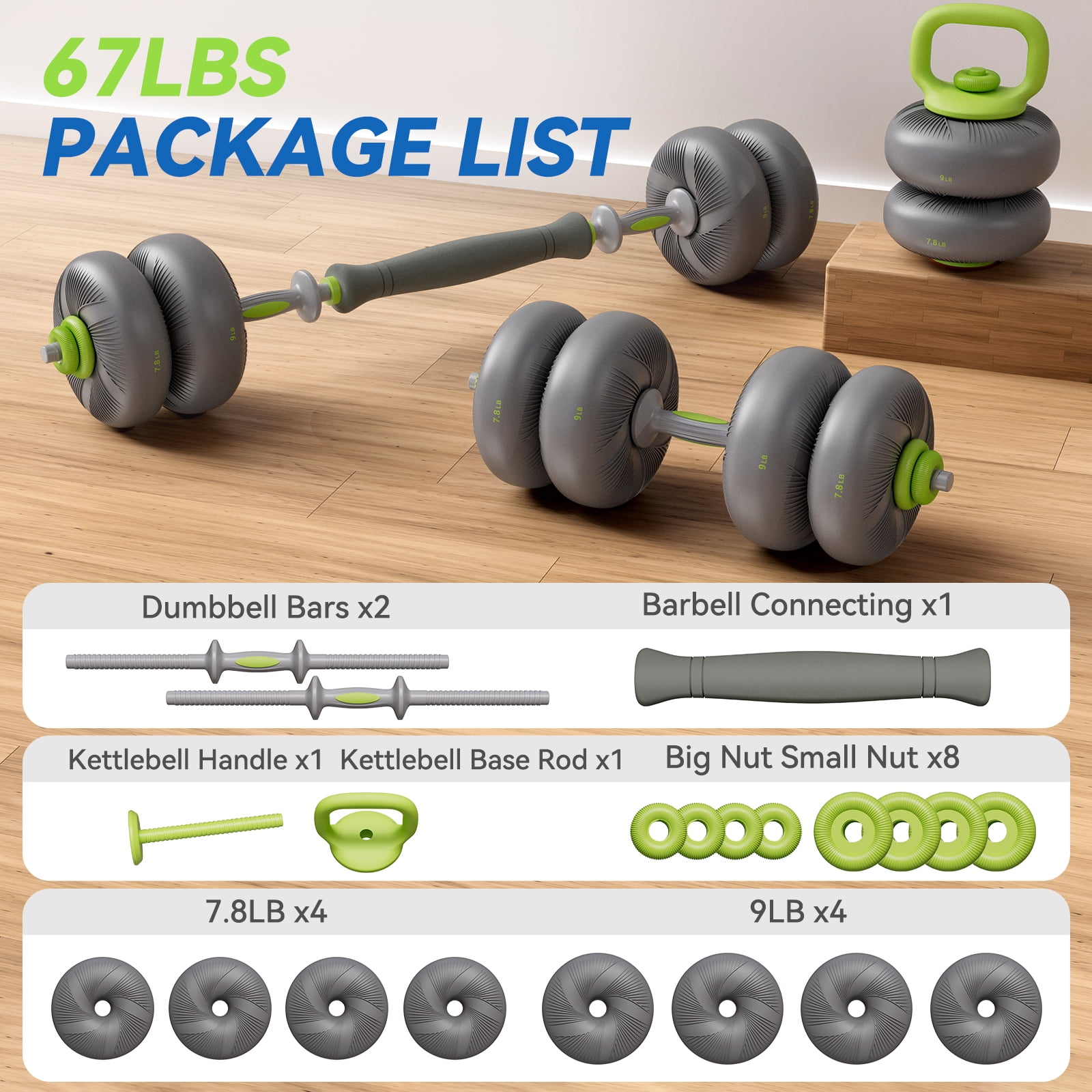 TLGREEN Adjustable Dumbbell Set, 45lbs/67lbs Free Weight Set, 4-in-1 Used as Barbell, Dumbbells, Kettlebell, Weight Plates, Soft Rubber Coated, Space Saving Fitness Exercise for Men/Women