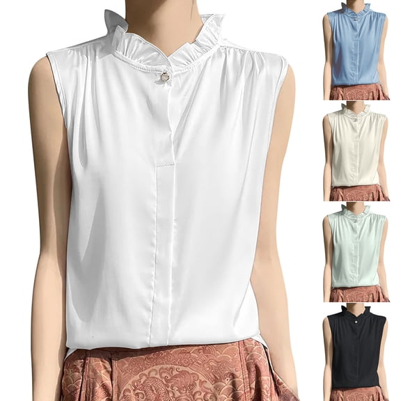 TARIENDY Womens Summer Sleeveless Tops Dressy Ruffle Crewneck Tank Tops Business Casual Outfits Solid Button Up Tops Summer Clothes Blue XL