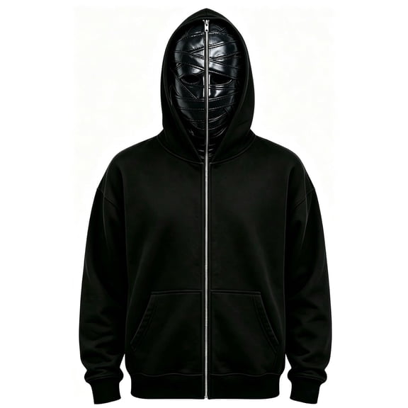 Norvella Mens Halloween Hoodies Metal Mask Hood Full Zip Long Sleeve Hooded Sweatshirt Kangaroo Pocket Regular Fit Casual Jacket