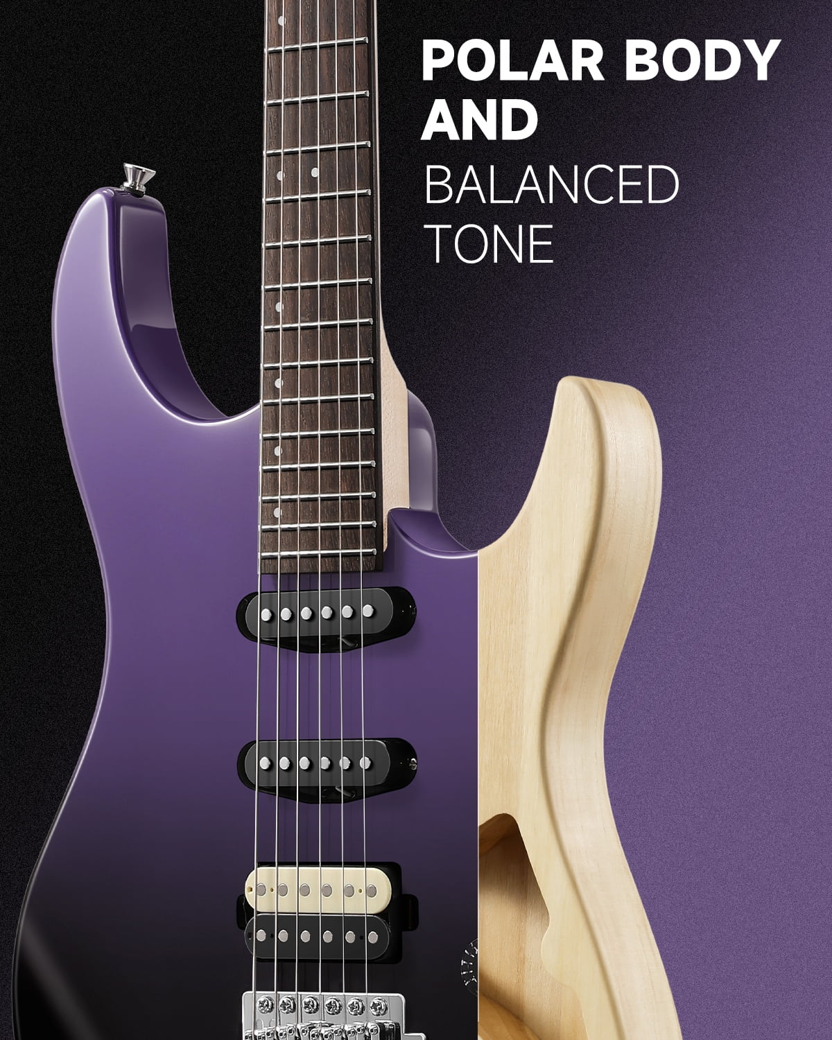 Donner Electric Guitar Only With Gig Bag Tremolo Bridge Solid Body HSS Pickup, DMT-66, Purplish Black