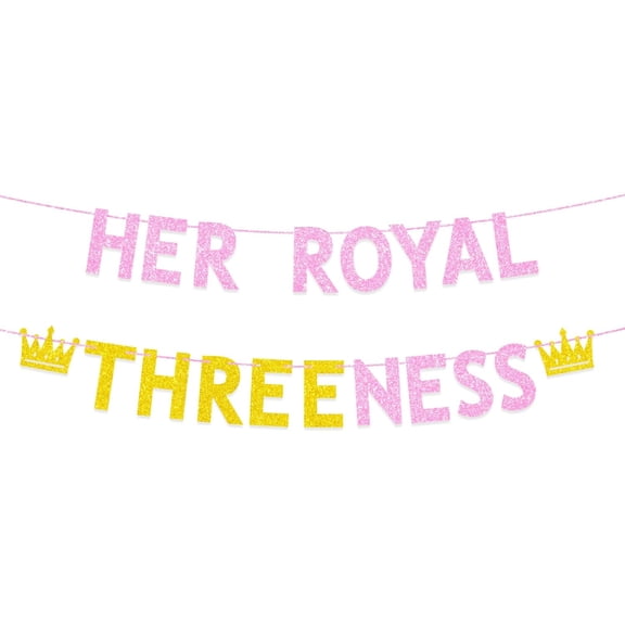 Princess 3rd Birthday Party Decorations for Girls, Pink Gold Glitter Her Royal Threeness Banner, Princess Themed 3 Years Old Birthday Party Decorations Supplies